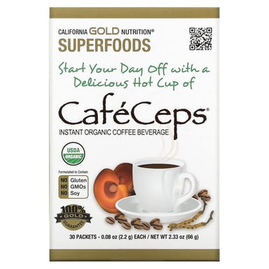 Растворимый кофе California Gold Nutrition CafeCeps Certified Organic with Cordyceps and Reishi Mushroom Powder, 30 саше, 2.2 г, саше