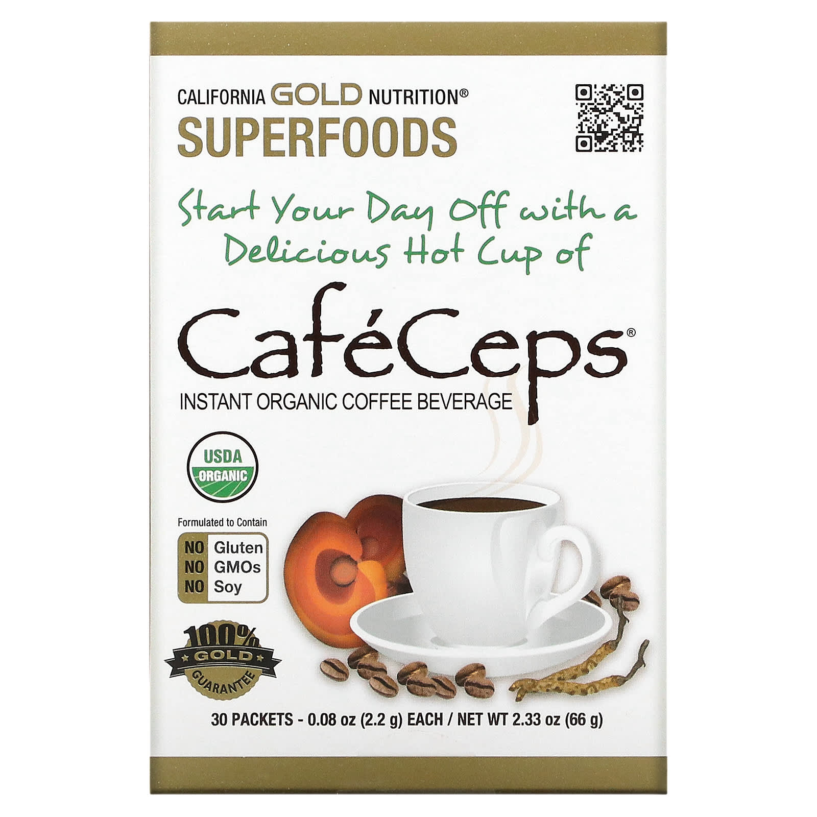 Растворимый кофе California Gold Nutrition CafeCeps Certified Organic with Cordyceps and Reishi Mushroom Powder, оттенок 30 Packets, 2.2 г, саше — фото 2