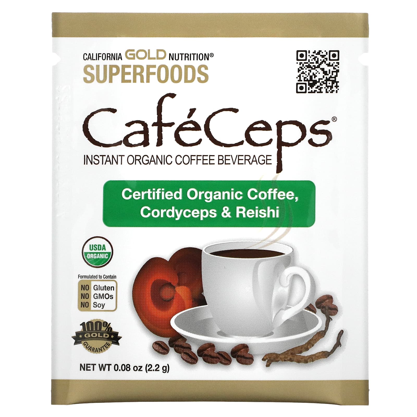 Растворимый кофе California Gold Nutrition CafeCeps Certified Organic with Cordyceps and Reishi Mushroom Powder, оттенок 30 Packets, 2.2 г, саше — фото 3