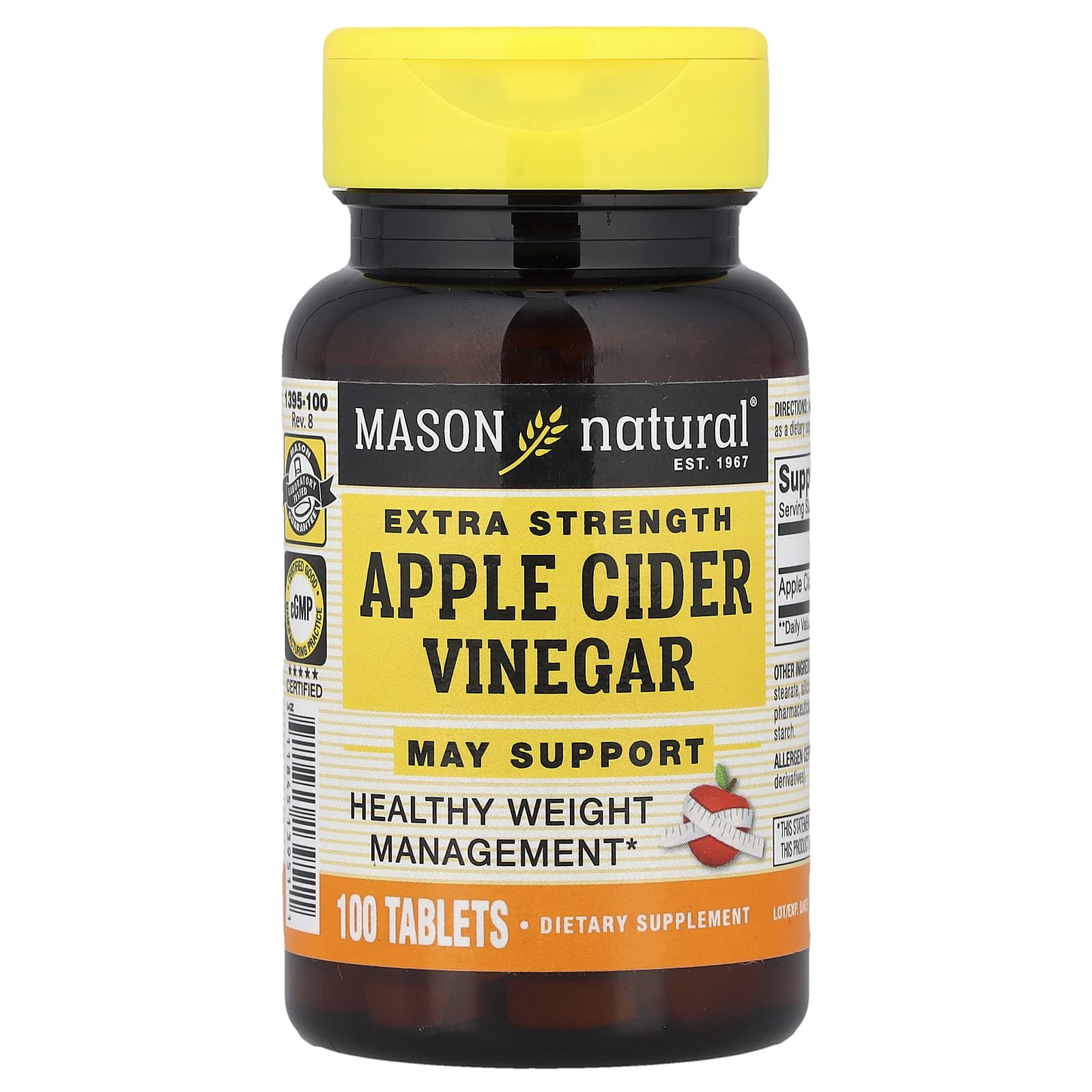 Яблочный уксус Mason Natural, вкус Apple Cider Vinegar, 500 мг, 100 таблеток