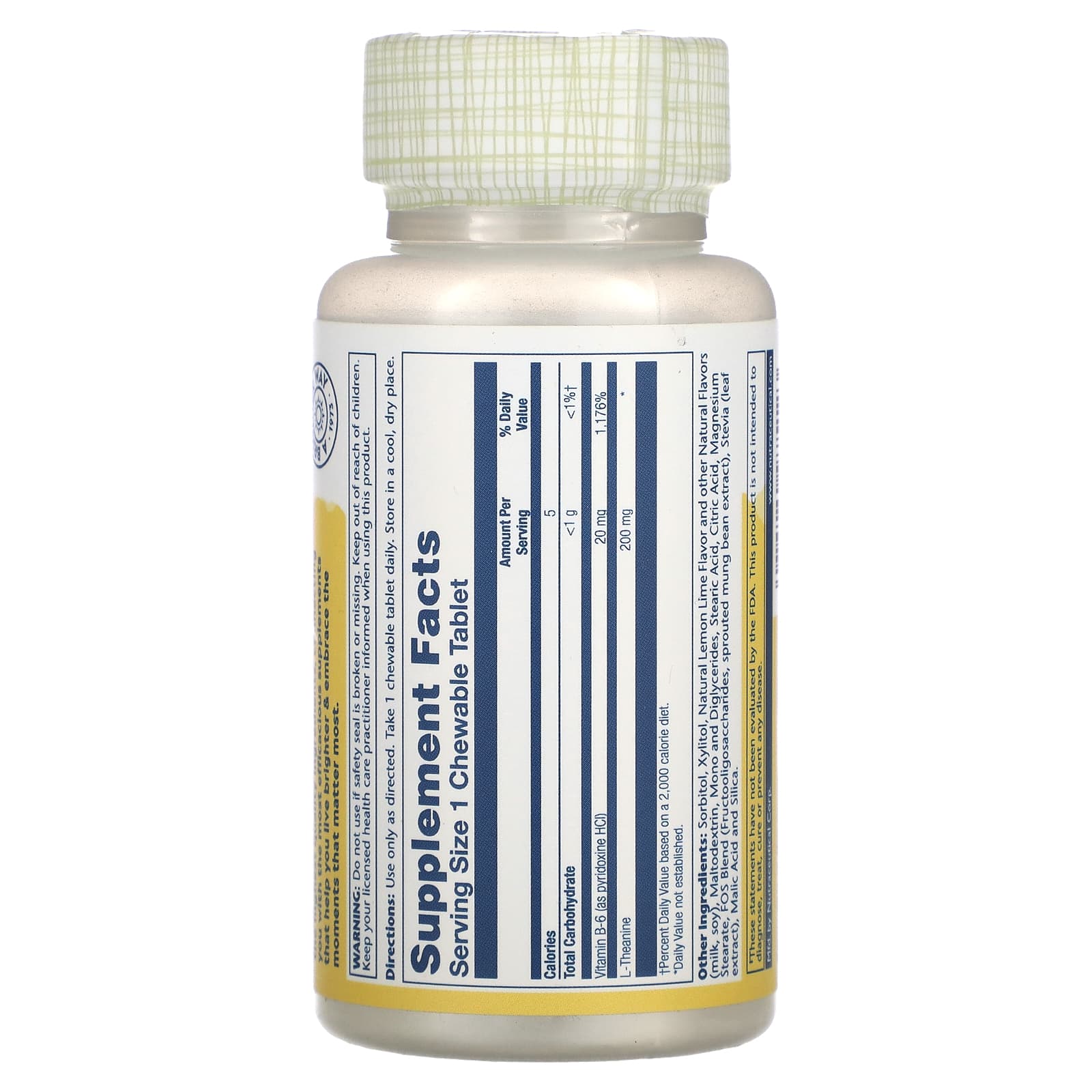 L-теанин Solaray L-Theanine, вкус Natural Lemon-Lime, 200 мг, 30 жевательных таблеток — фото 2