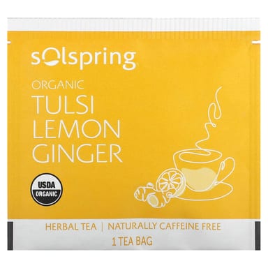 Травяной чай Dr. Mercola Solspring® Organic 18 Tea Bags, без кофеина, вкус Tulsi Lemon Ginger, 36 г, чайные пакетики