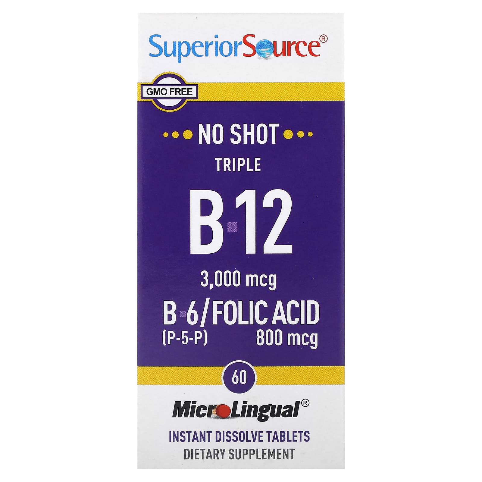 Фолиевая кислота Superior Source Triple B-12 B-6, 60 быстрорастворимых таблеток MicroLingual — фото 2