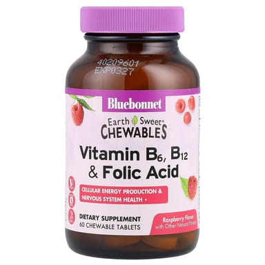 Фолиевая кислота Bluebonnet Nutrition Earth Sweet® Chewables Vitamin B6 B12 &, вкус Raspberry, 60 жевательных таблеток