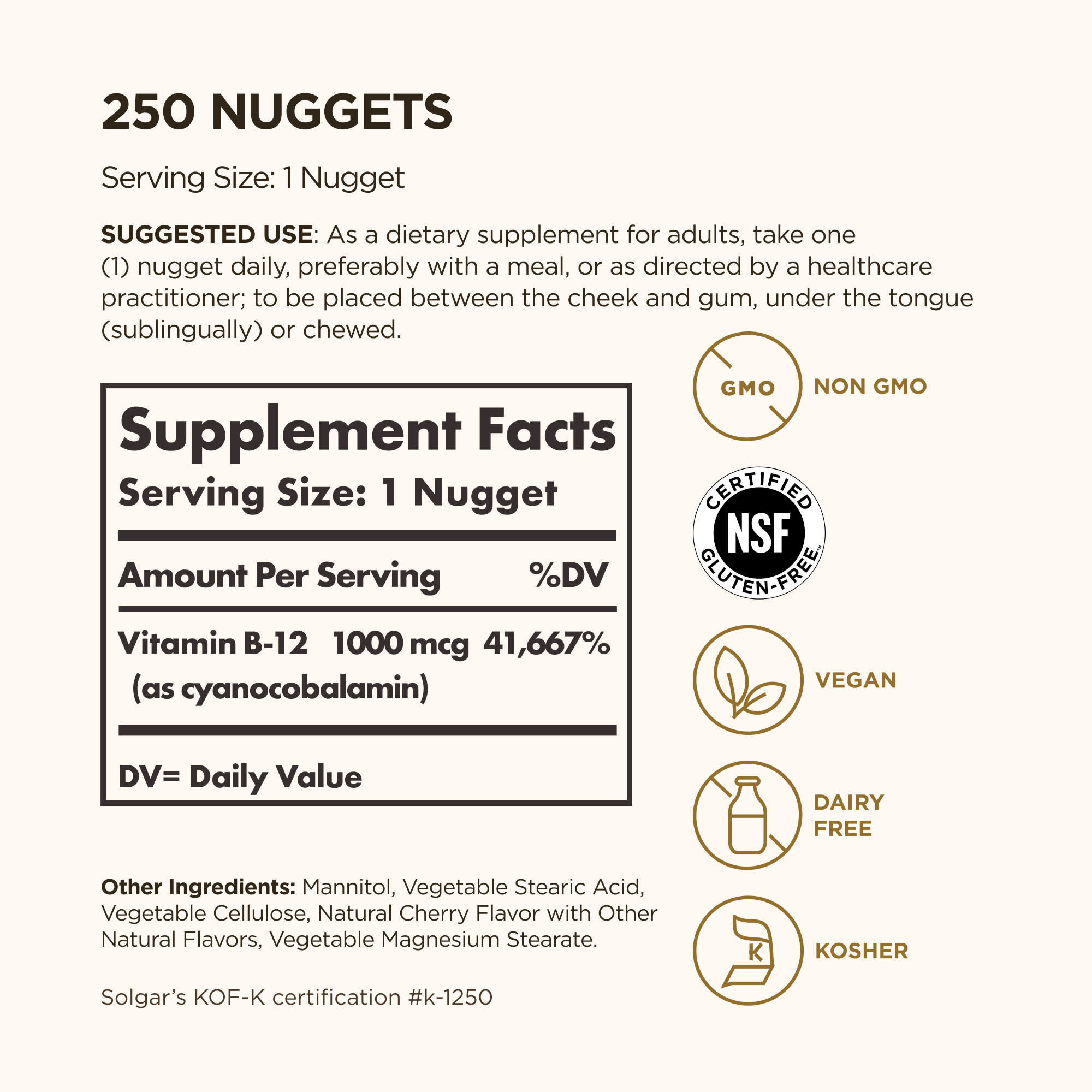 Витамин B12 Solgar Sublingual, оттенок 250 Nuggets, 1000 мкг