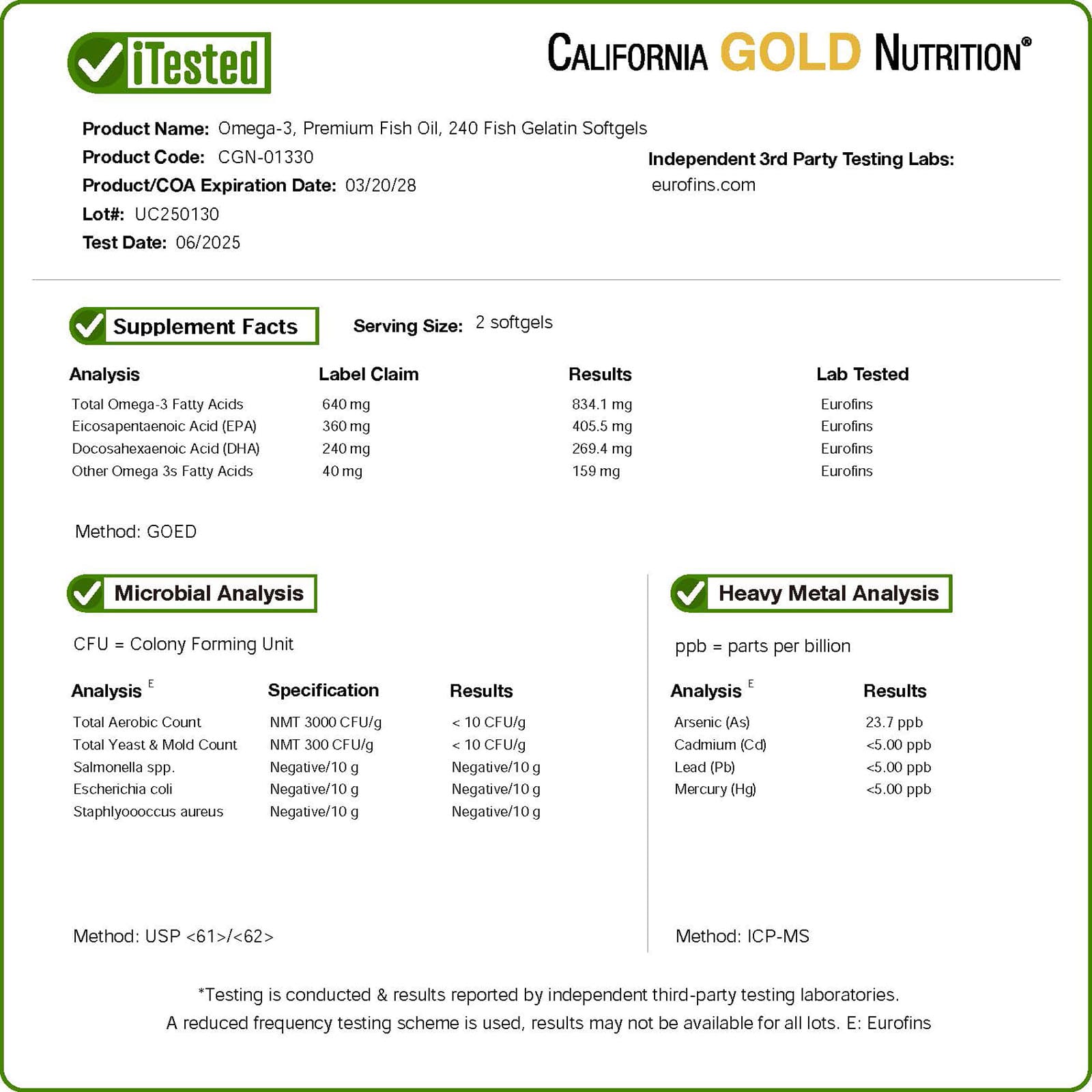 Рыбий жир California Gold Nutrition Omega-3 Premium 240 Fish Gelatin, мягкие капсулы