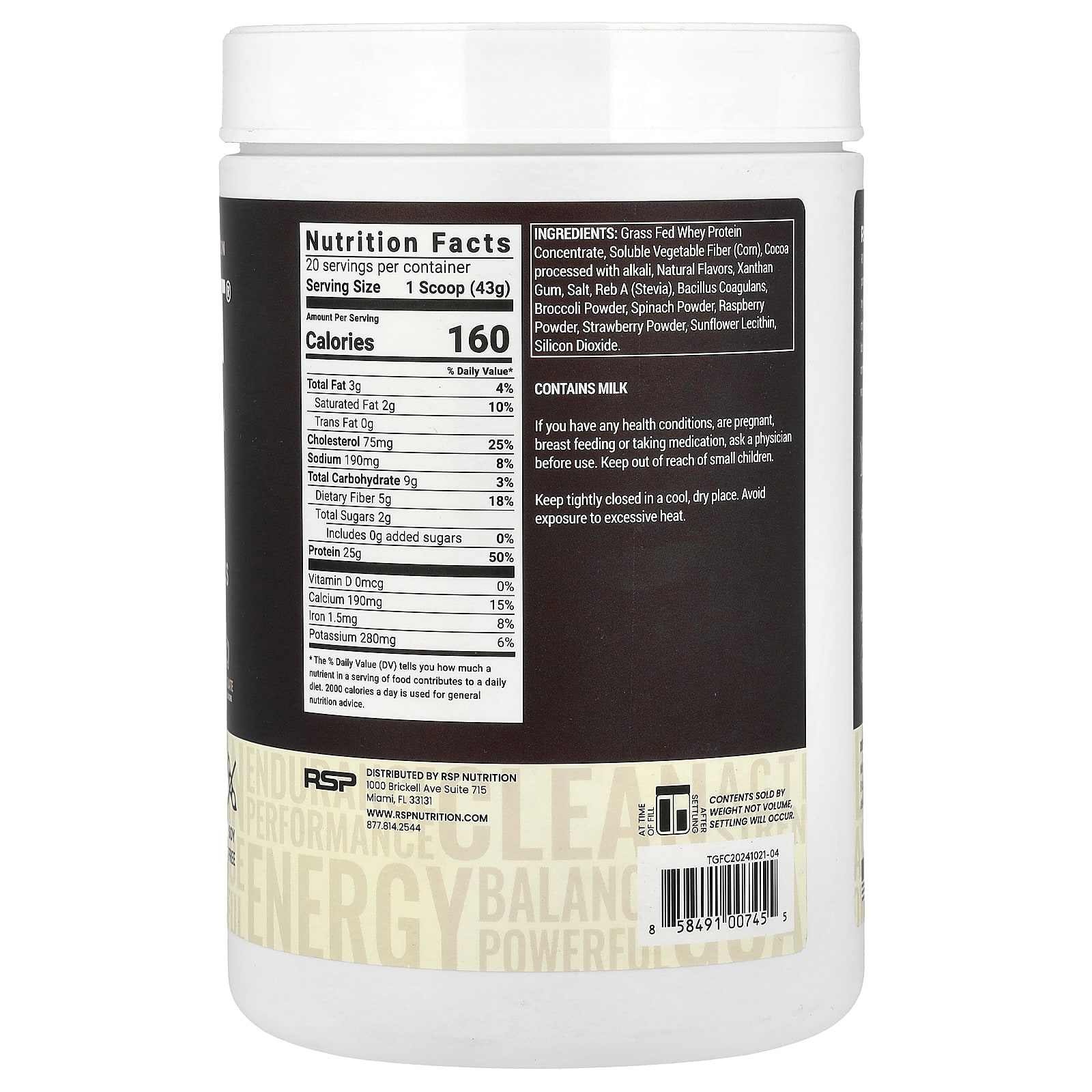 Протеиновый порошок RSP Nutrition TrueFit® Grass-Fed Drink Mix, вкус Chocolate, 860 г, смесь для напитка — фото 2