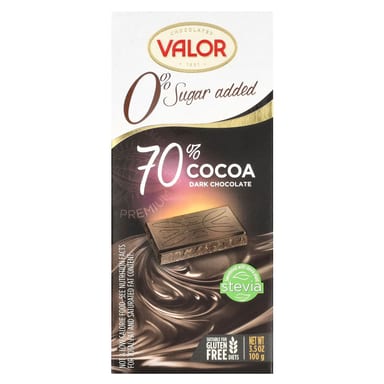 Темный шоколад Valor 0% Sugar Added, вкус 70% Cocoa Dark Chocolate, 100 г