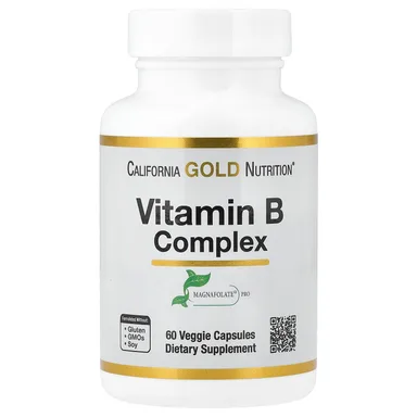 Фото товара: Комплекс витаминов B California Gold Nutrition with Folate Pantothenic Acid and Vitamin B6, Biotin, 60 растительных капсул