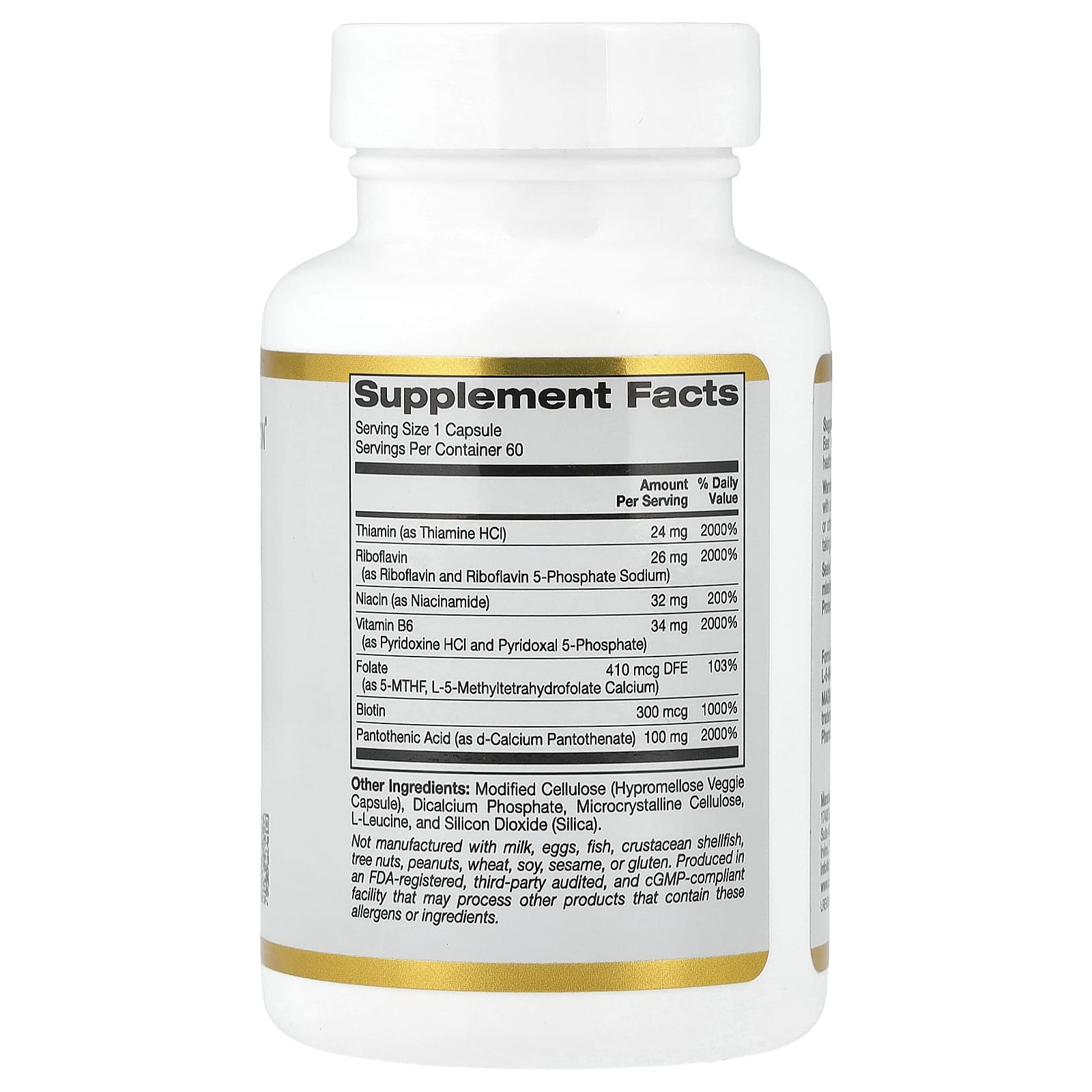 Комплекс витаминов B California Gold Nutrition with Folate Pantothenic Acid and Vitamin B6, оттенок Biotin, 60 растительных капсул — фото 2
