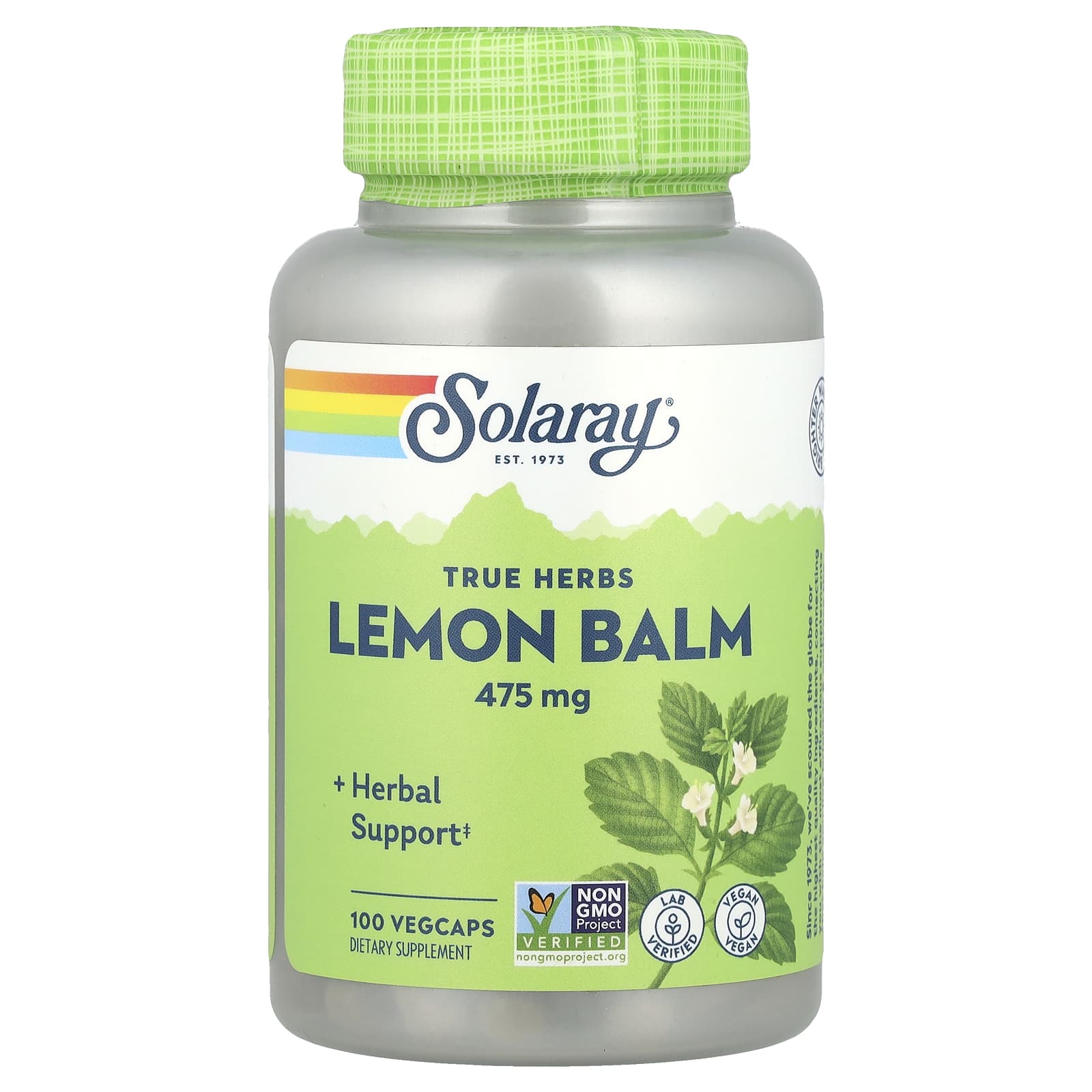 Мелисса Solaray True Herbs, вкус Lemon Balm, 475 мг, 100 растительных капсул