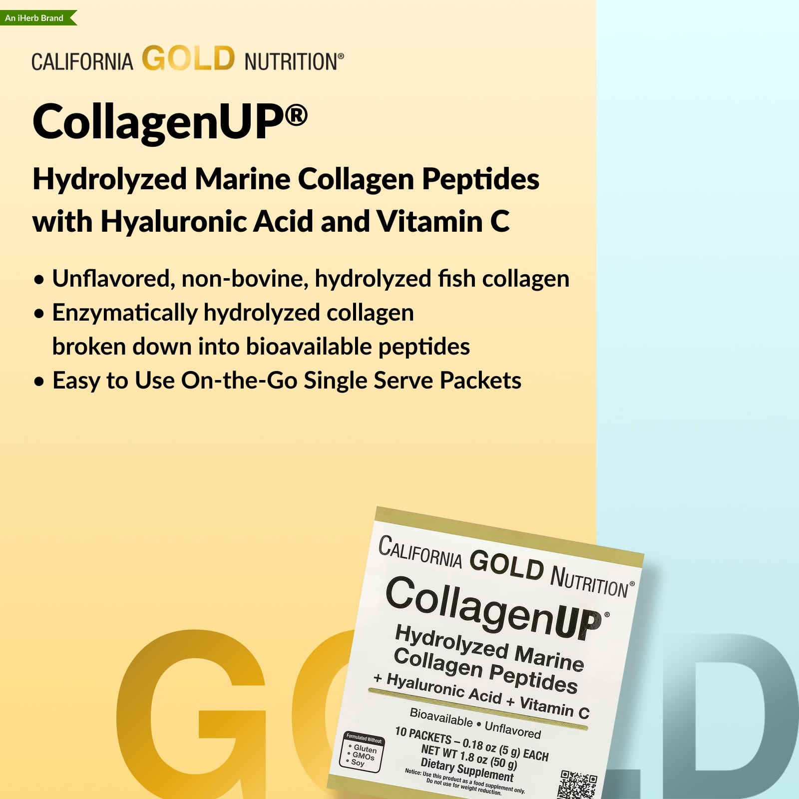 Гиалуроновая кислота California Gold Nutrition CollagenUP® Hydrolyzed Marine Collagen Peptides with and Vitamin C, без вкуса, оттенок 10 Packets, 5 г, саше — фото 8