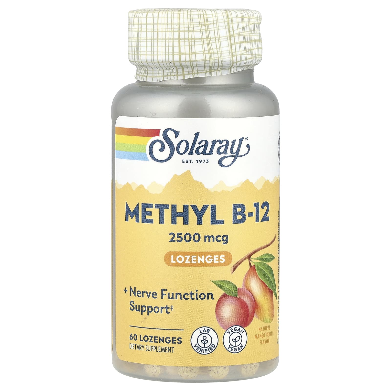 Метил B12 Solaray, вкус Natural Mango Peach, 2500 мкг, 12 пастилок, 60 пастилок