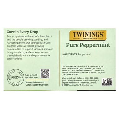 Травяной чай Twinings Pure Pure Peppermint 50 Tea Bags, без кофеина, 100 г, чайные пакетики