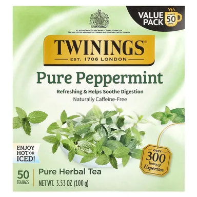 Фото товара: Травяной чай Twinings Pure Pure Peppermint 50 Tea Bags, без кофеина, 100 г, чайные пакетики
