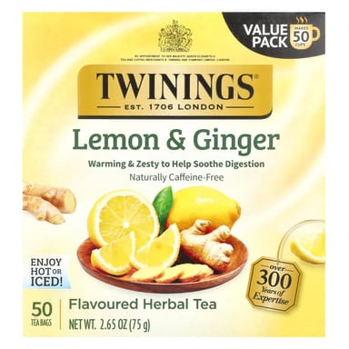 Травяной чай Twinings Flavored 50 Tea Bags, без кофеина, вкус Lemon & Ginger, 75 г, чайные пакетики