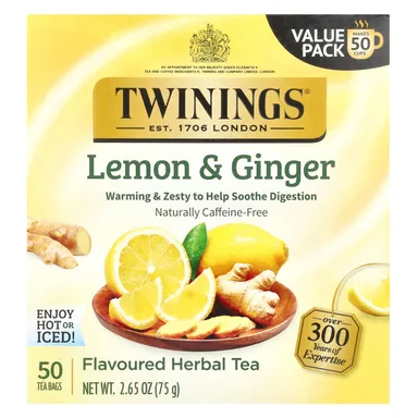 Фото товара: Травяной чай Twinings Flavored 50 Tea Bags, без кофеина, Lemon & Ginger, 75 г, чайные пакетики