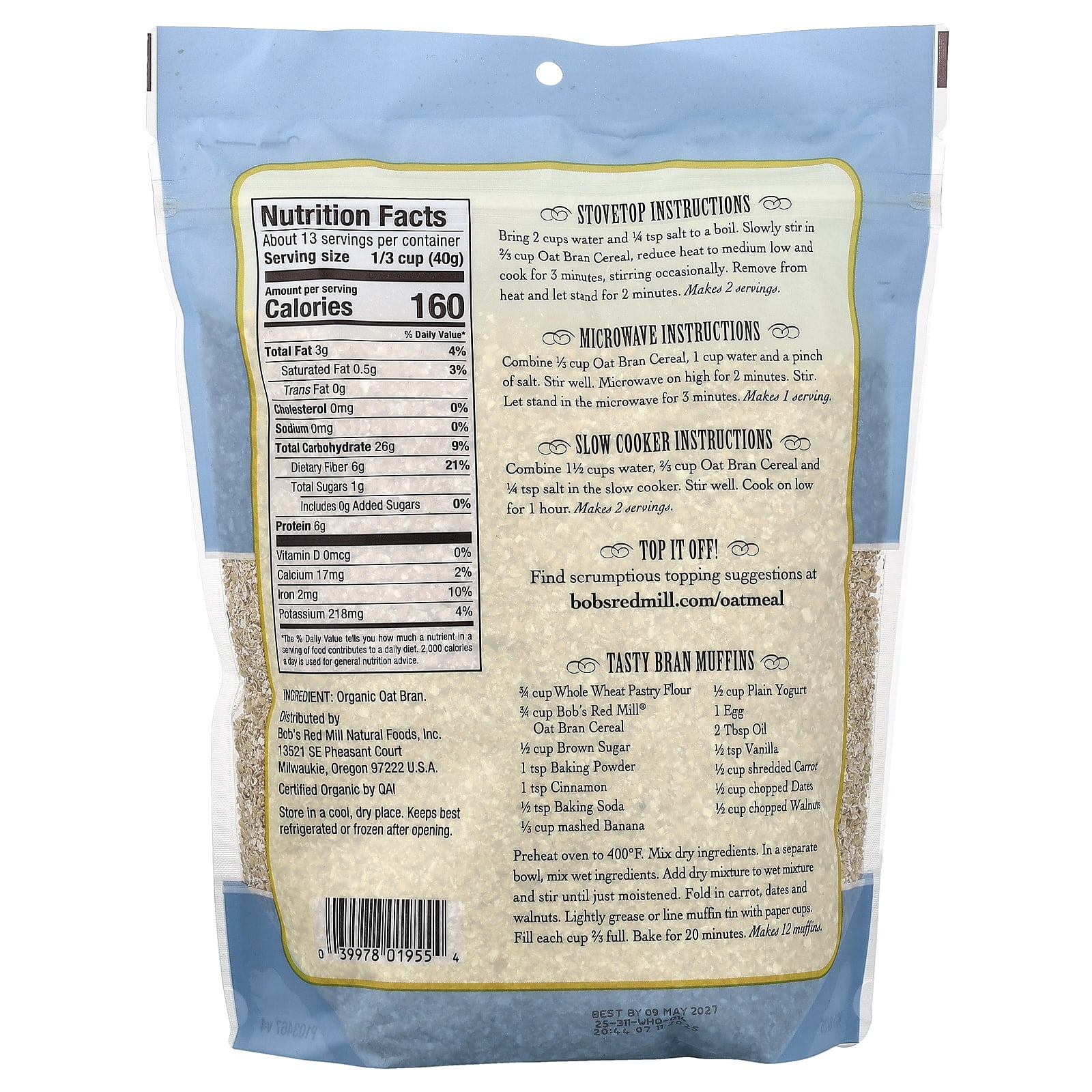 Хлопья Bob's Red Mill Organic High Fiber Oat Bran Hot, 510 г — фото 2