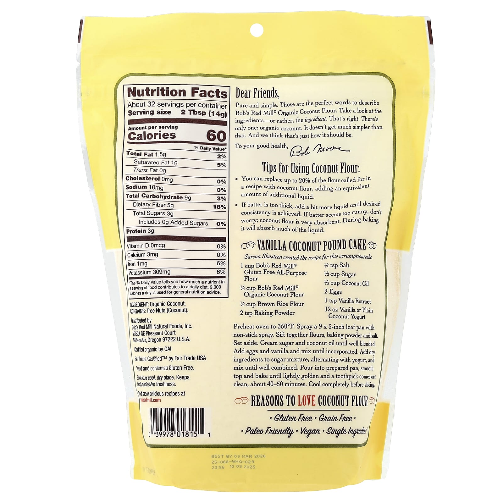 Мука Bob's Red Mill, вкус Organic Coconut Flour, 453 г — фото 2