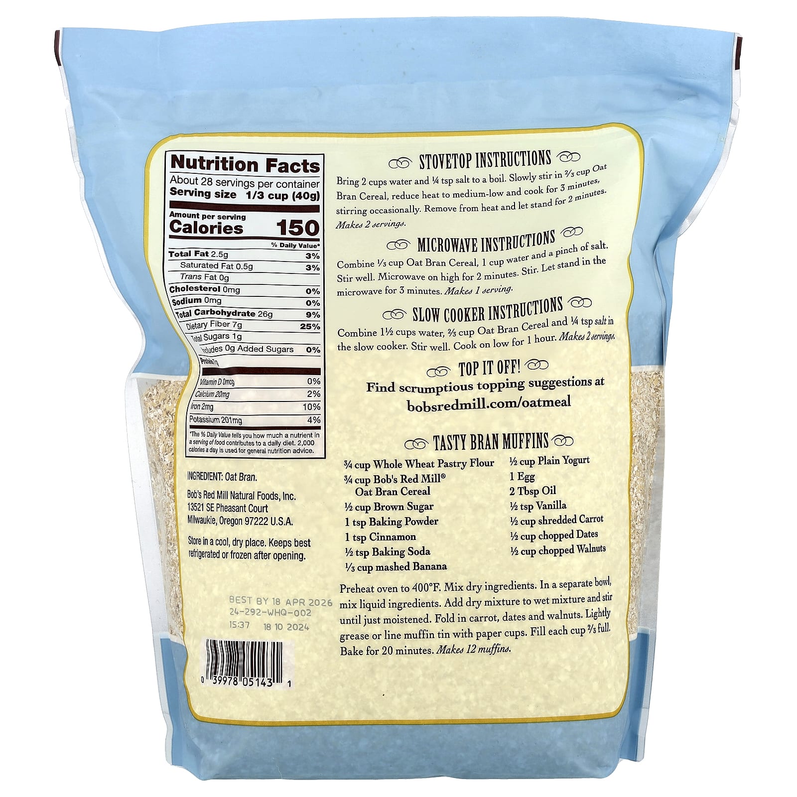 Хлопья Bob's Red Mill High Fiber Oat Bran Hot, 1.13 кг — фото 2