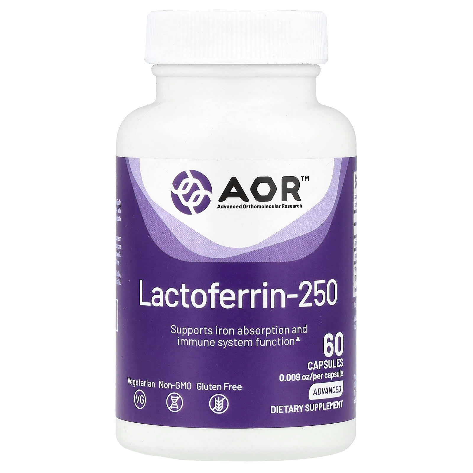 Лактоферрин Advanced Orthomolecular Research AOR -250, 250 мг, 60 капсул