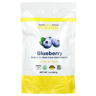 Сублимированные фрукты/ягоды California Gold Nutrition Foods Ready to Eat Whole Freeze-Dried Berries, вкус Freeze-Dried Blueberry, 28 г