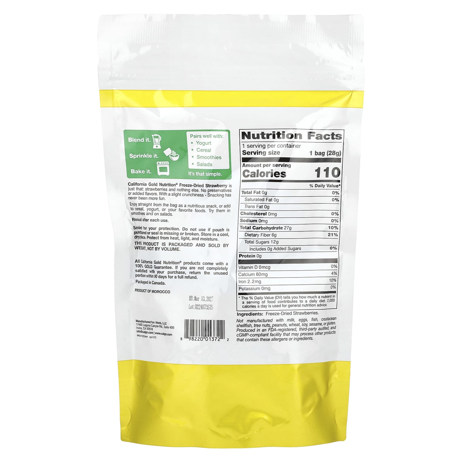 Фрукты California Gold Nutrition, 28 г (1 унция) замороженные сушеные клубники — фото 2