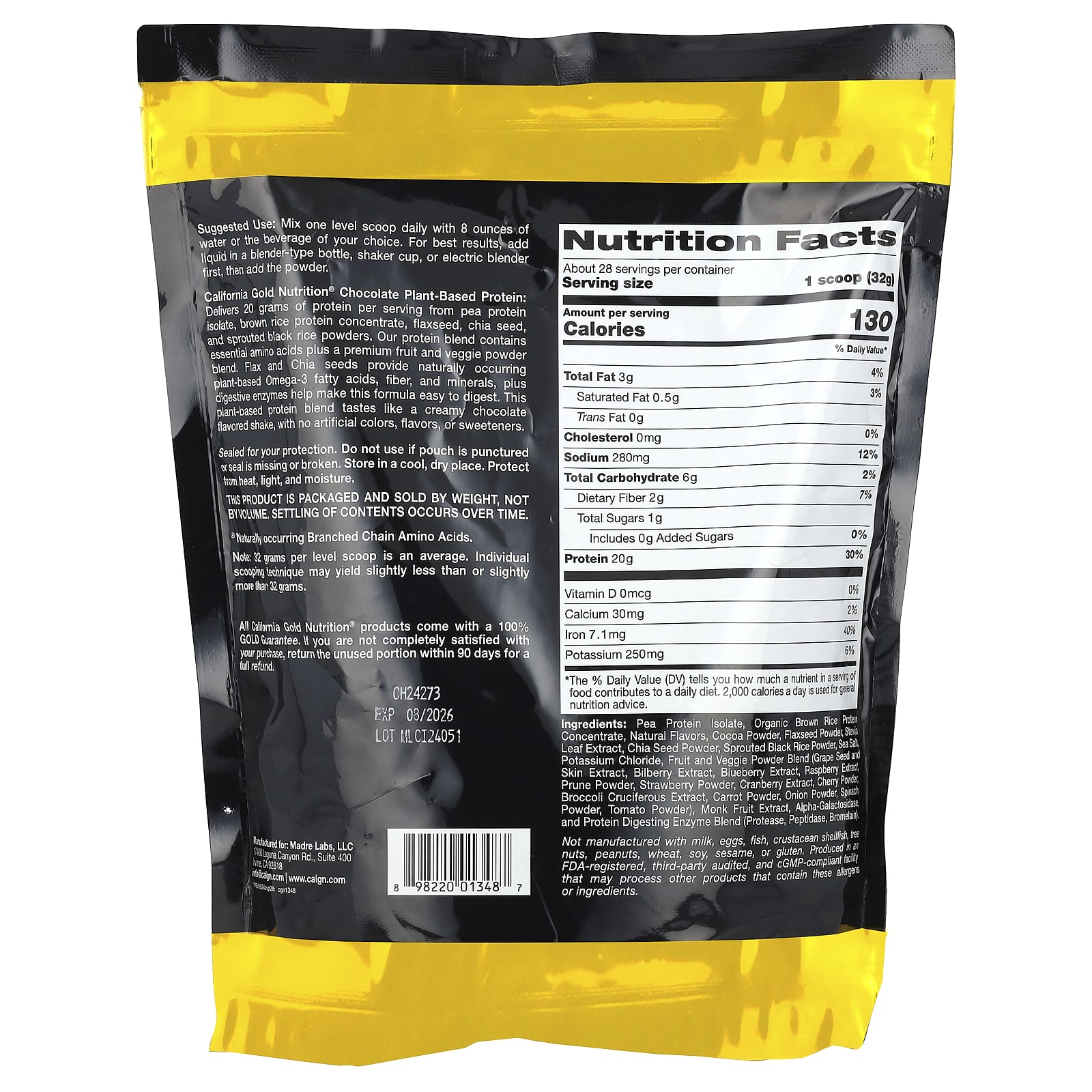 Шоколад California Gold Nutrition Sport Plant-Based Protein with Organic Brown Rice Protein Concentrate Flaxseed Chia Seed, вкус Chocolate, 907 г — фото 2