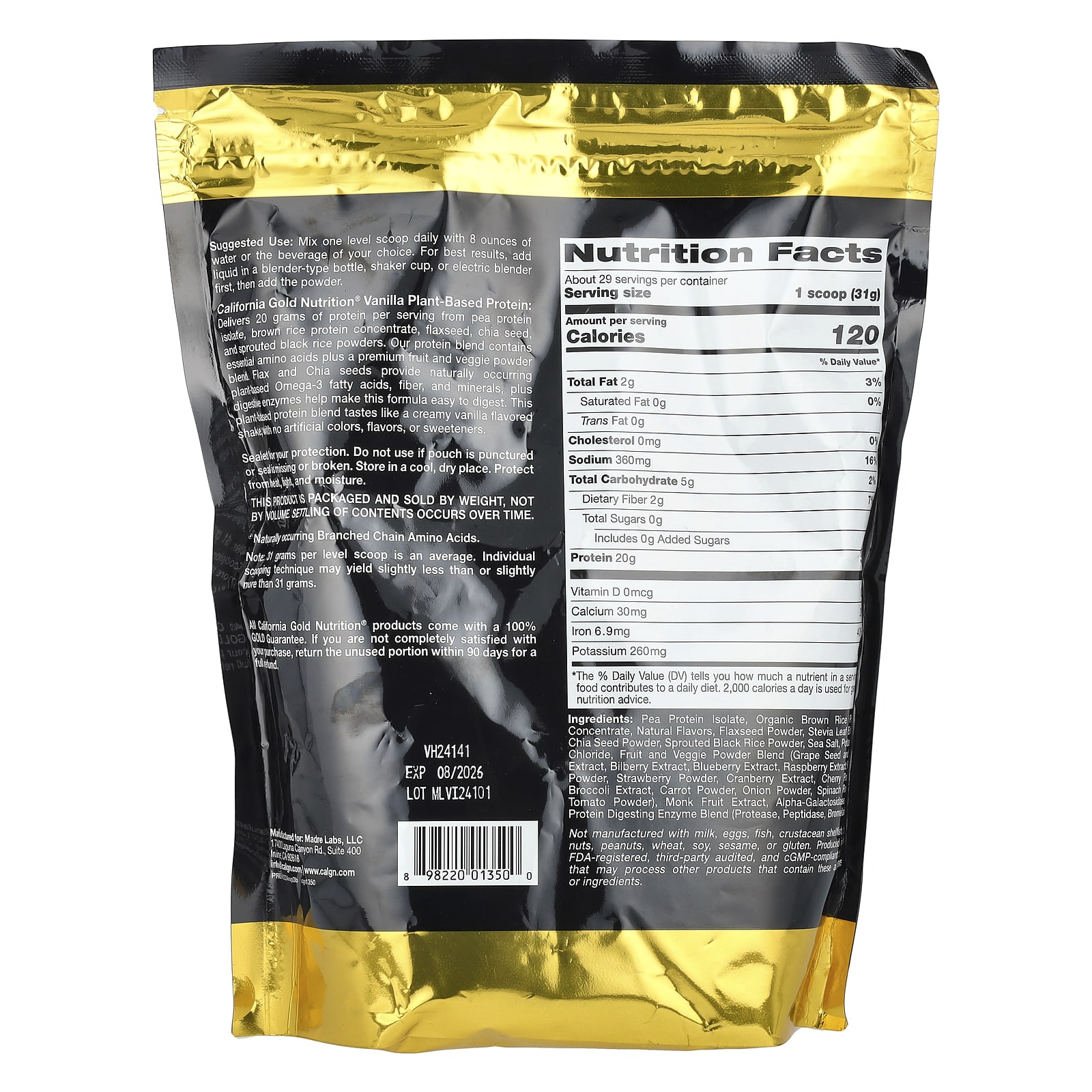 Гороховый протеин California Gold Nutrition Sport Vegan Protein with Isolate and Brown Rice Protein, вкус Vanilla, 907 г — фото 3