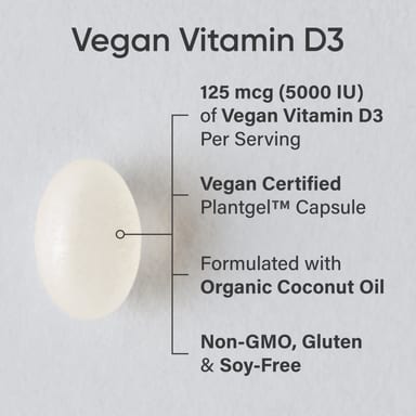 Витамин D3 Sports Research Vegan 60 Veggie, 125 мкг (5000 МЕ), мягкие капсулы