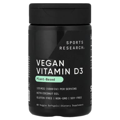 Витамин D3 Sports Research Vegan 60 Veggie, 125 мкг (5000 МЕ), мягкие капсулы