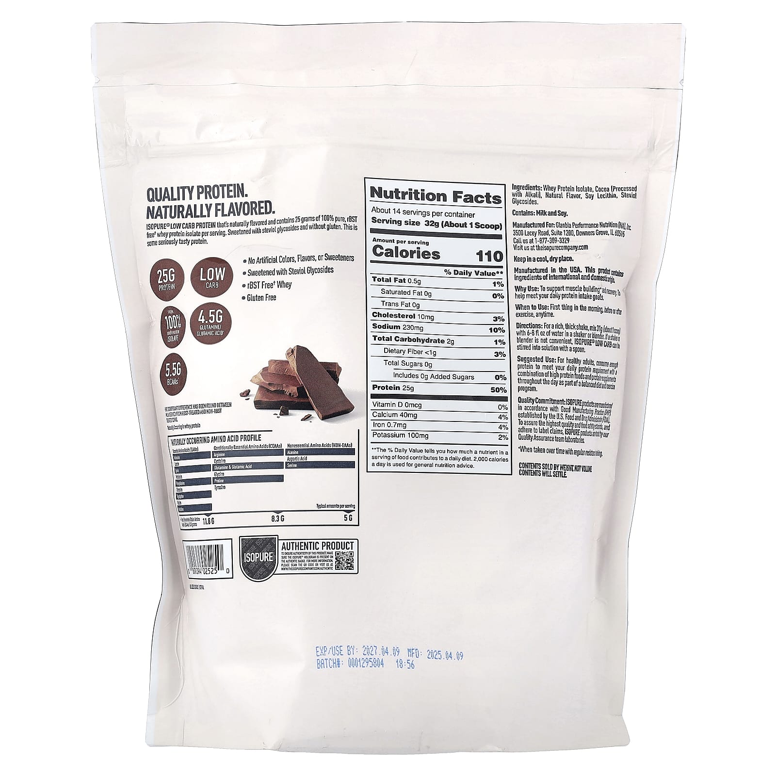 Шоколад Isopure Low Carb Protein, вкус Chocolate, 454 г — фото 2
