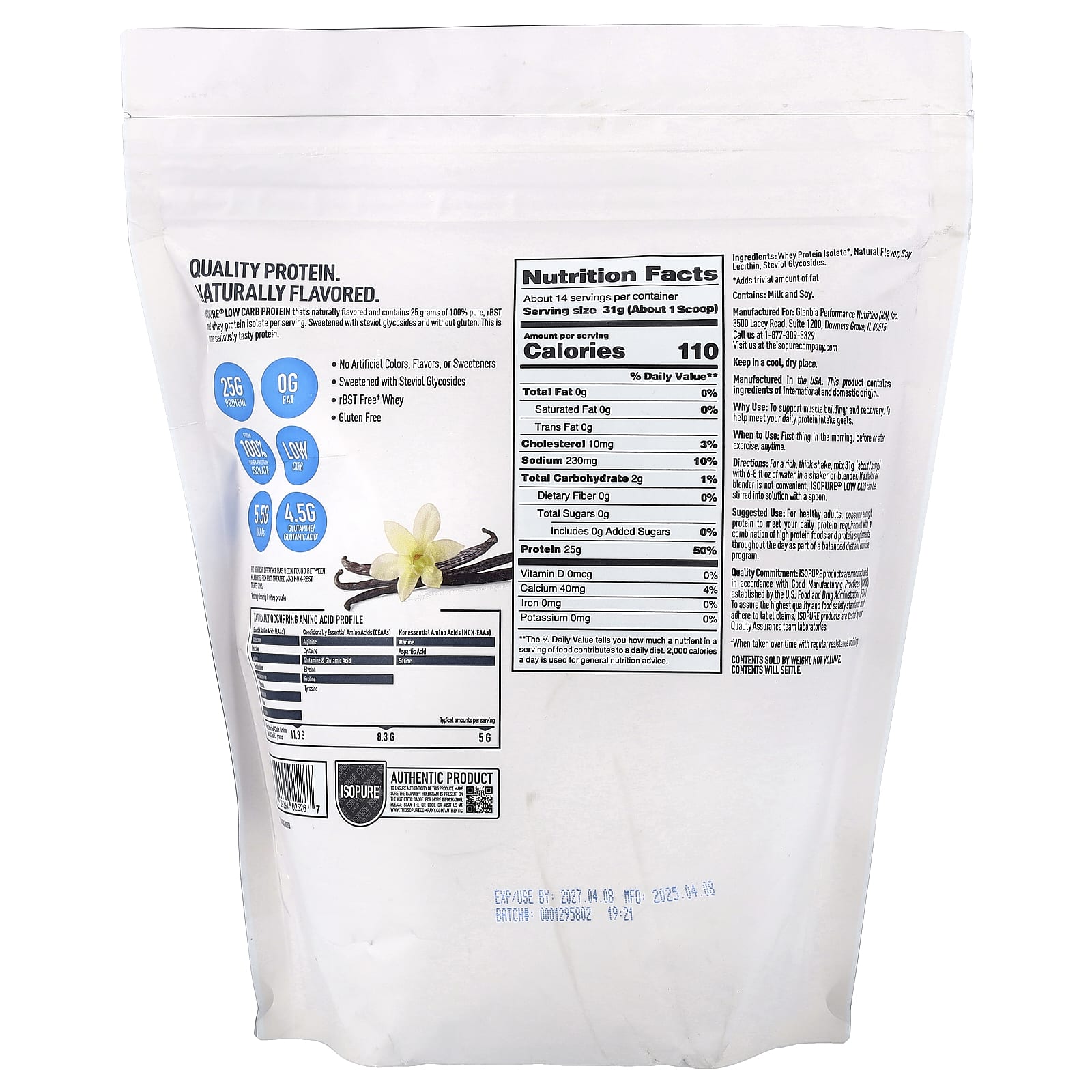 Протеиновый порошок Isopure Low Carb Drink Mix, вкус Vanilla Bean, 454 г, смесь для напитка — фото 2