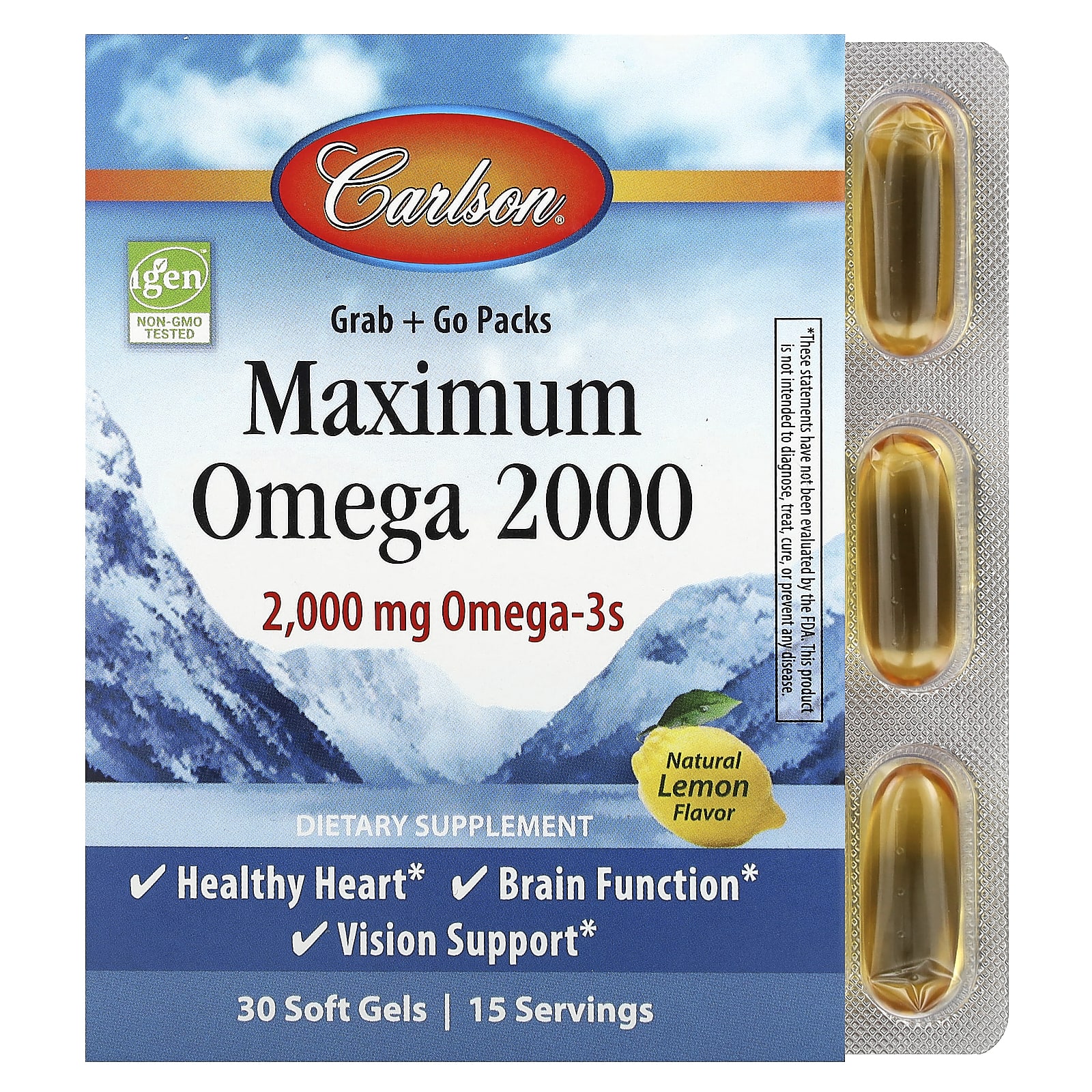 Гель Carlson Maximum Omega 2000, вкус Natural Lemon, 1000 мг, 30 мягких капсул
