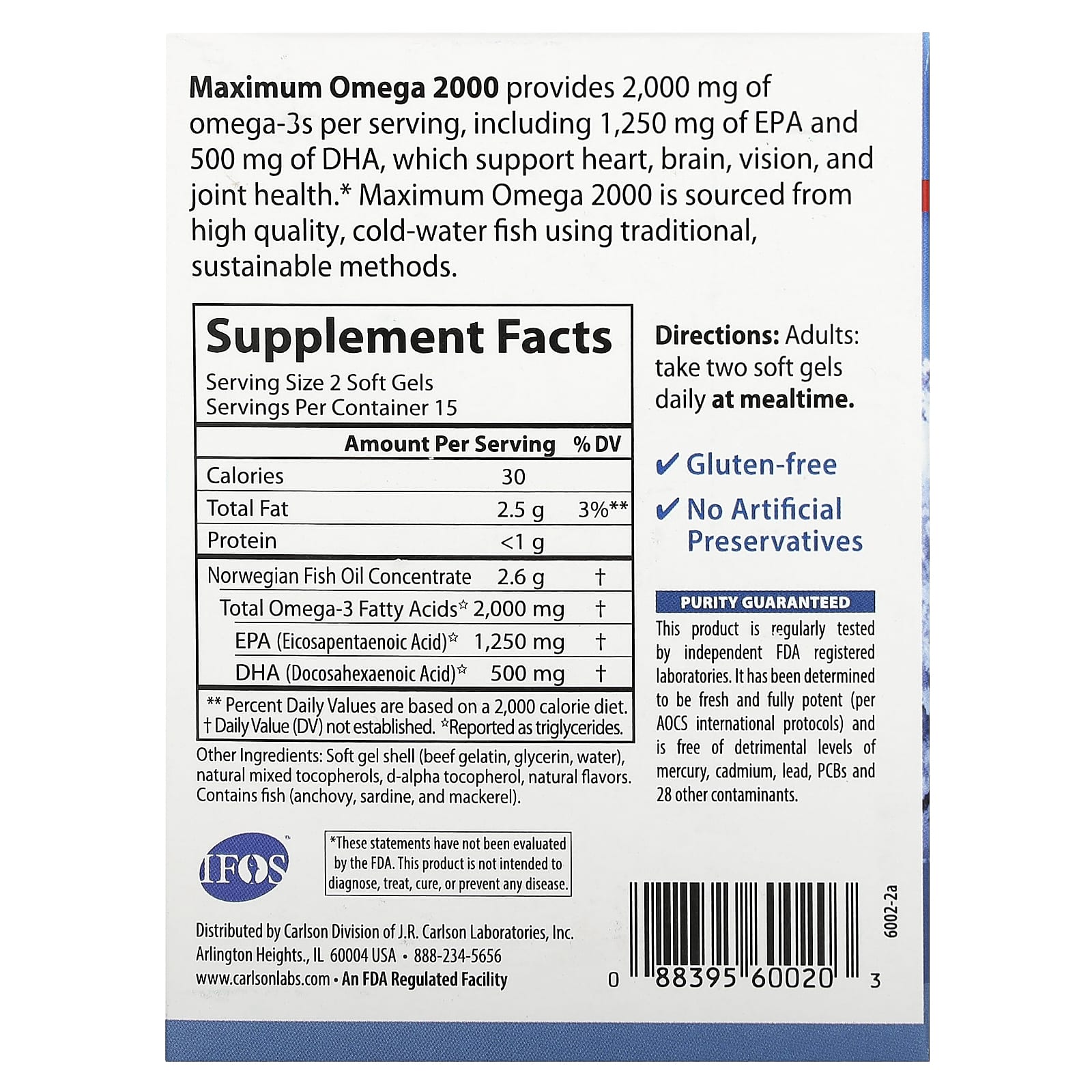 Гель Carlson Maximum Omega 2000, вкус Natural Lemon, 1000 мг, 30 мягких капсул — фото 2