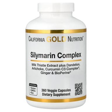 Расторопша California Gold Nutrition Silymarin Complex with Extract Plus Dandelion Artichoke and BioPerine®, имбирь, 360 растительных капсул