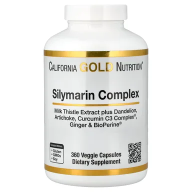 Фото товара: Расторопша California Gold Nutrition Silymarin Complex with Extract Plus Dandelion Artichoke and BioPerine®, имбирь, 360 растительных капсул