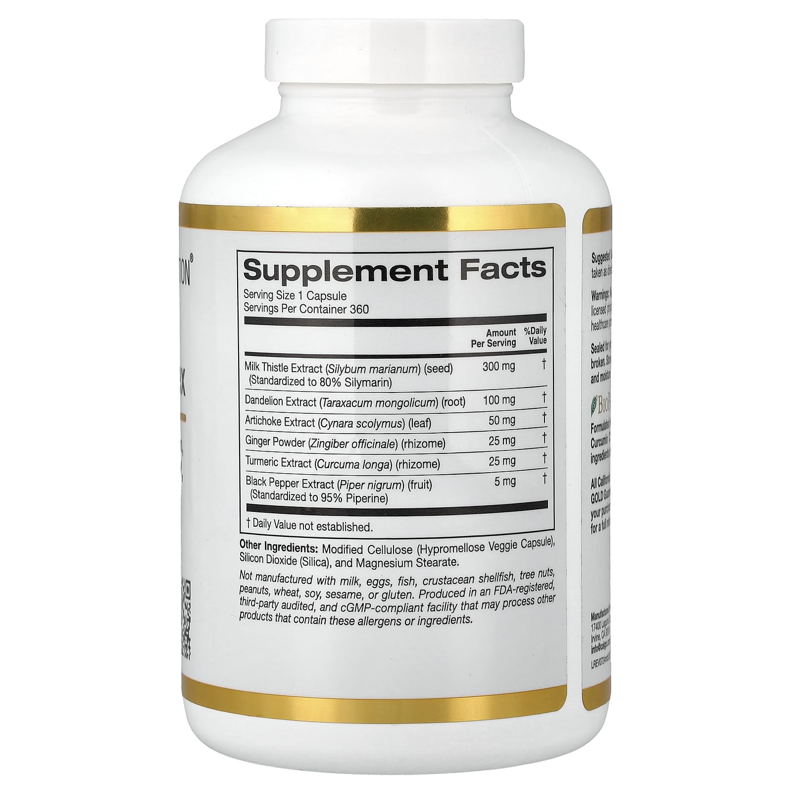 Расторопша California Gold Nutrition Silymarin Complex with Extract Plus Dandelion Artichoke and BioPerine®, оттенок Ginger, 360 растительных капсул — фото 5