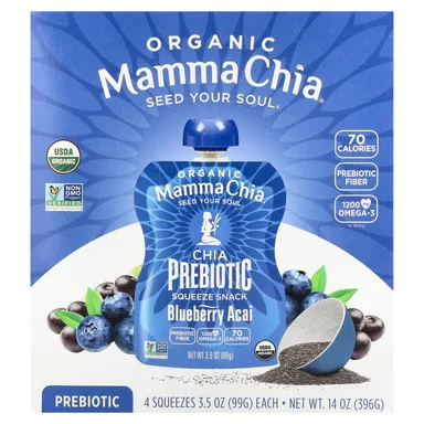 Фото товара: Пребиотик Mamma Chia Organic Chia Squeeze Snack 4 Squeezes, Blueberry Acai, 99 г