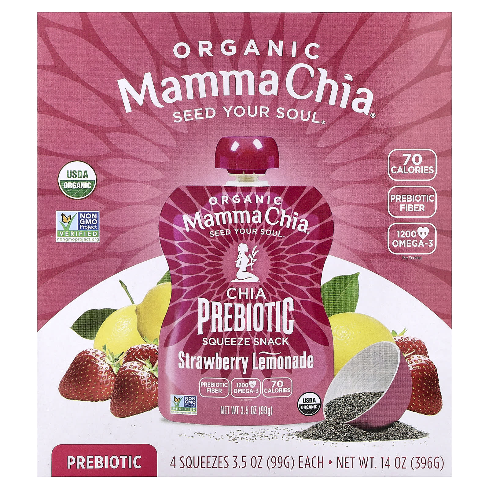 Пребиотик Mamma Chia Organic Chia Squeeze Snack, вкус Strawberry Lemonade, 99 г, набор из 4 шт. — фото 2