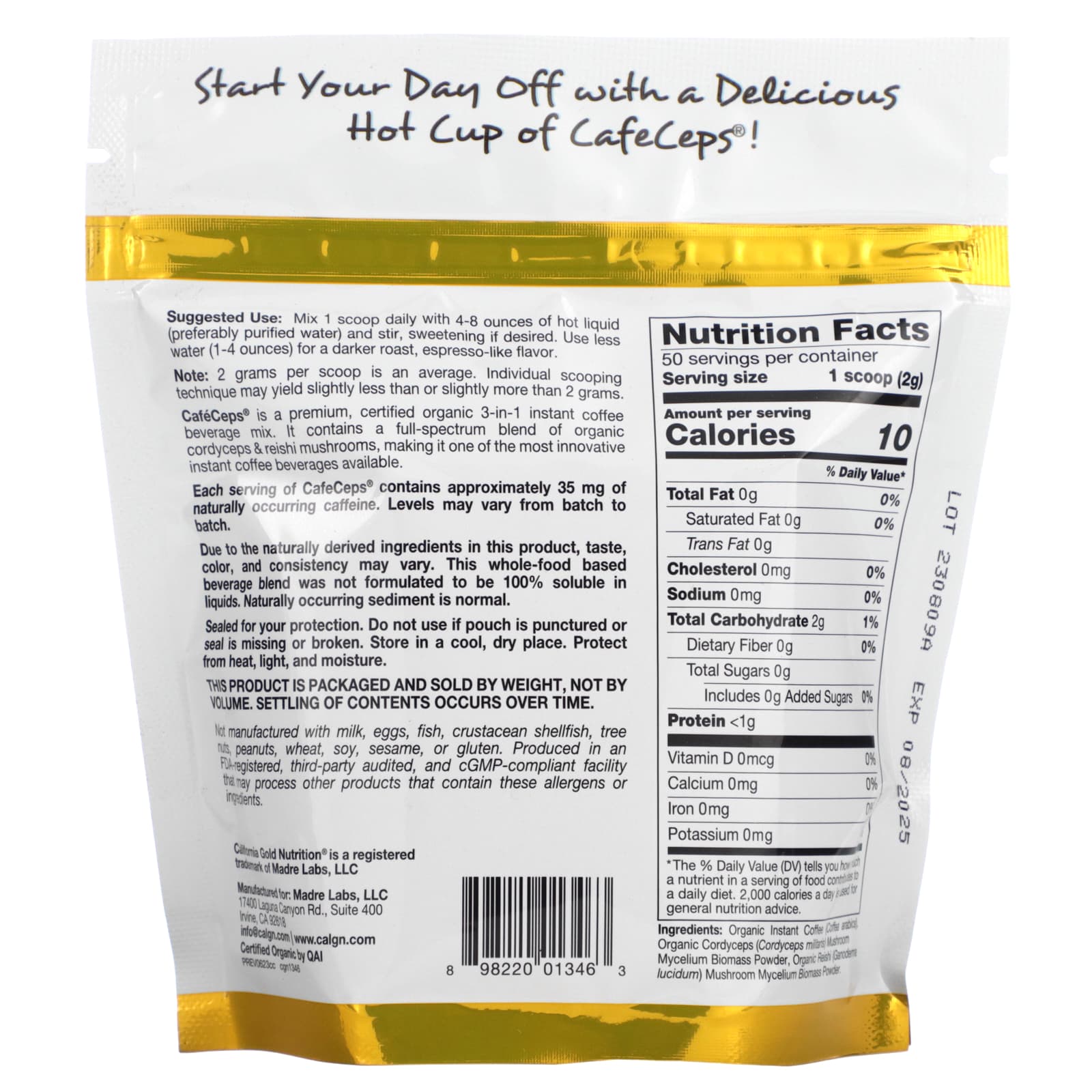 Растворимый кофе California Gold Nutrition CafeCeps Certified Organic with Full-Spectrum Organic Cordyceps and Reishi Mushroom Powder, 100 г, порошок — фото 2