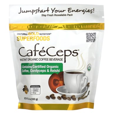 Растворимый кофе California Gold Nutrition CafeCeps Certified Organic with Full-Spectrum Organic Cordyceps and Reishi Mushroom Powder, 100 г, порошок