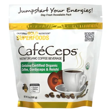Фото товара: Растворимый кофе California Gold Nutrition CafeCeps Certified Organic with Full-Spectrum Organic Cordyceps and Reishi Mushroom Powder, 100 г, порошок