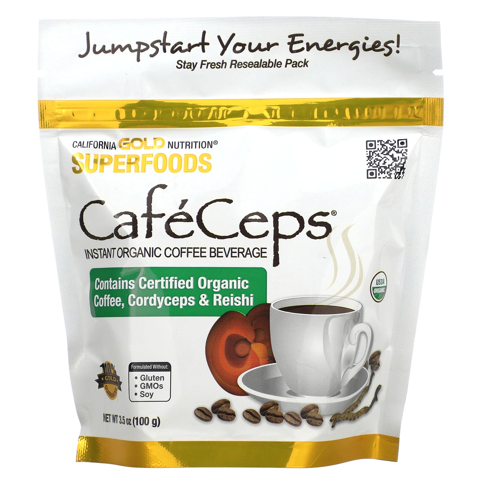 Растворимый кофе California Gold Nutrition CafeCeps Certified Organic with Full-Spectrum Organic Cordyceps and Reishi Mushroom Powder, 100 г, порошок — фото 3