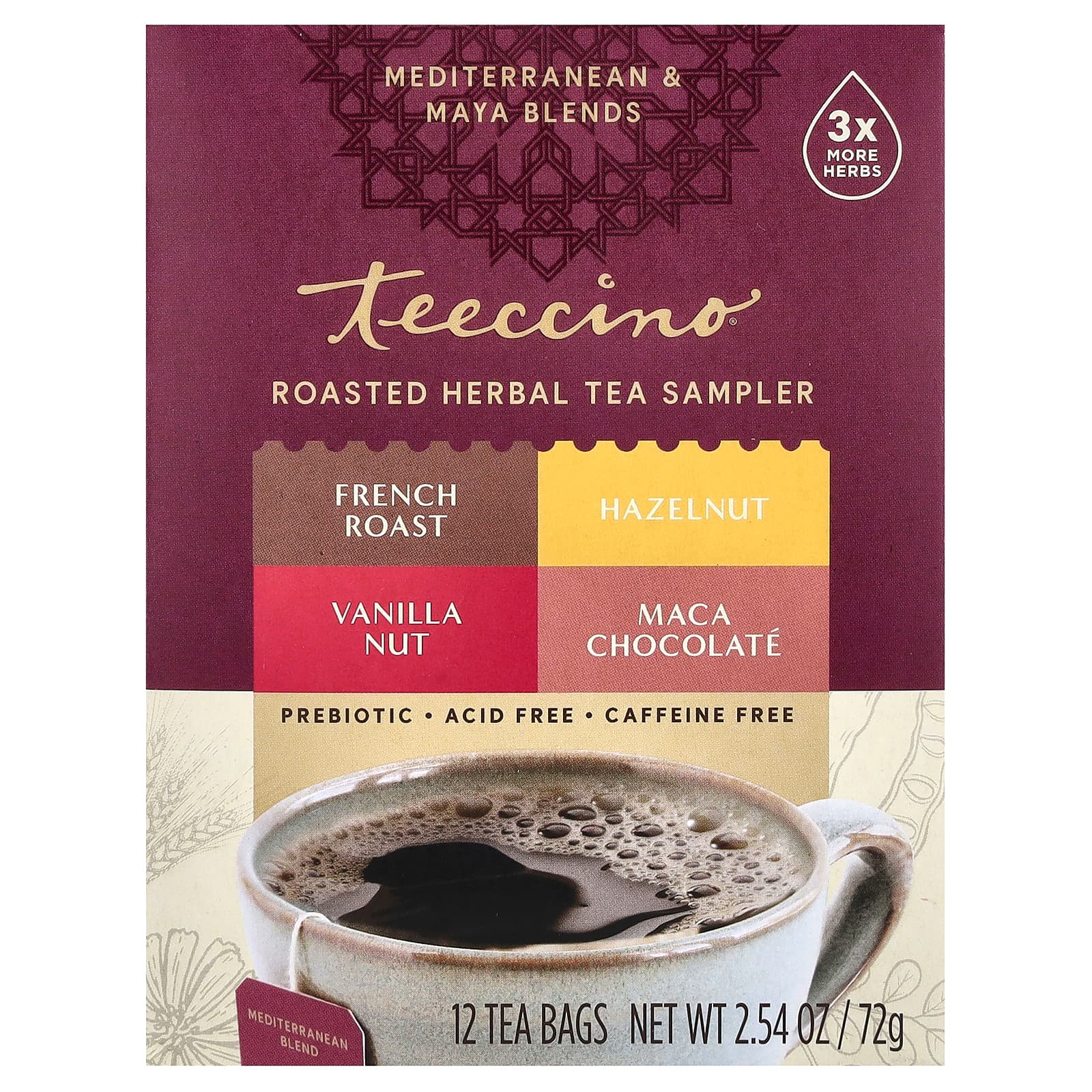 Травяной чай Teeccino Roasted Sampler 4 Flavors 12 Tea Bags, без кофеина, 72 г, чайные пакетики — фото 2