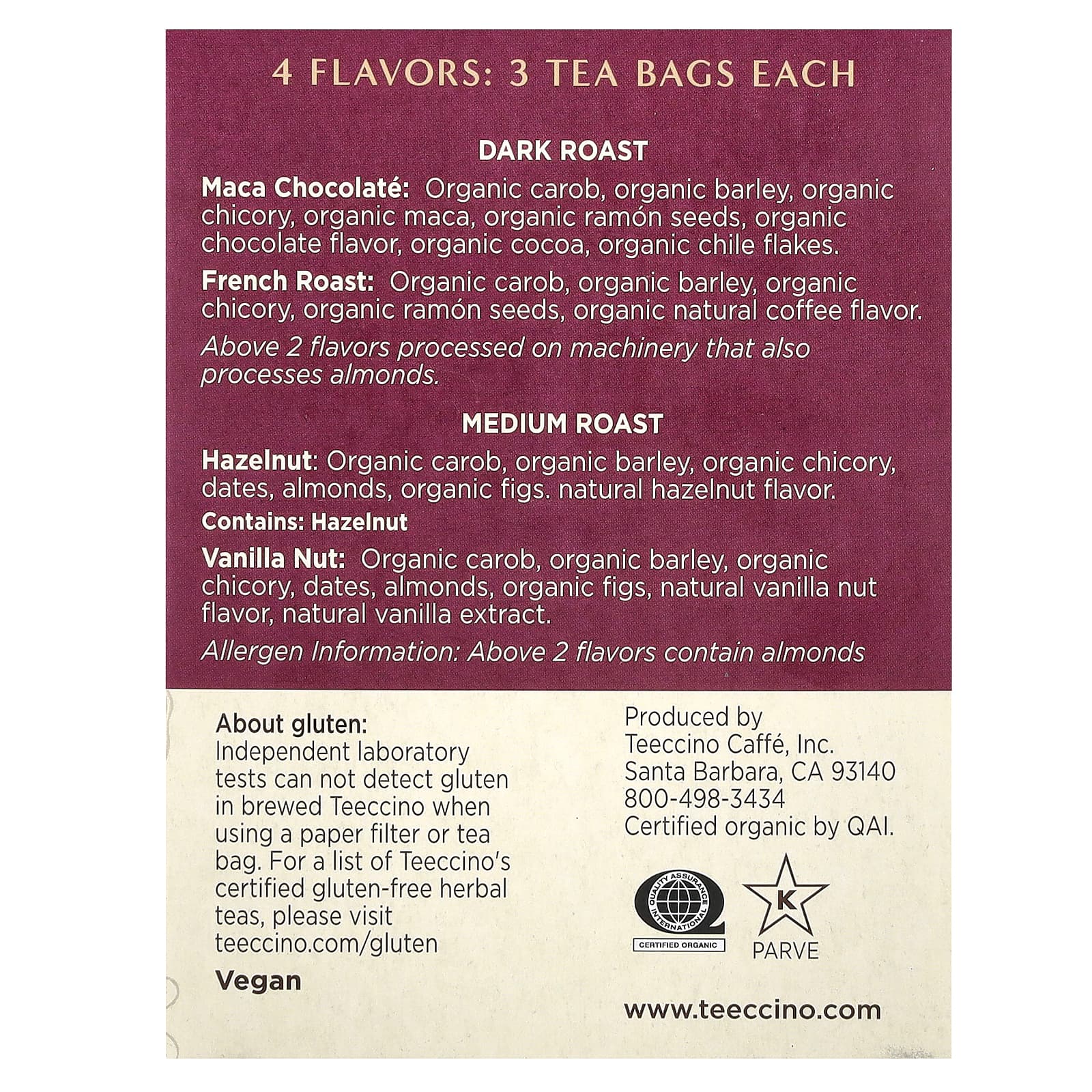 Травяной чай Teeccino Roasted Sampler 4 Flavors 12 Tea Bags, без кофеина, 72 г, чайные пакетики — фото 3