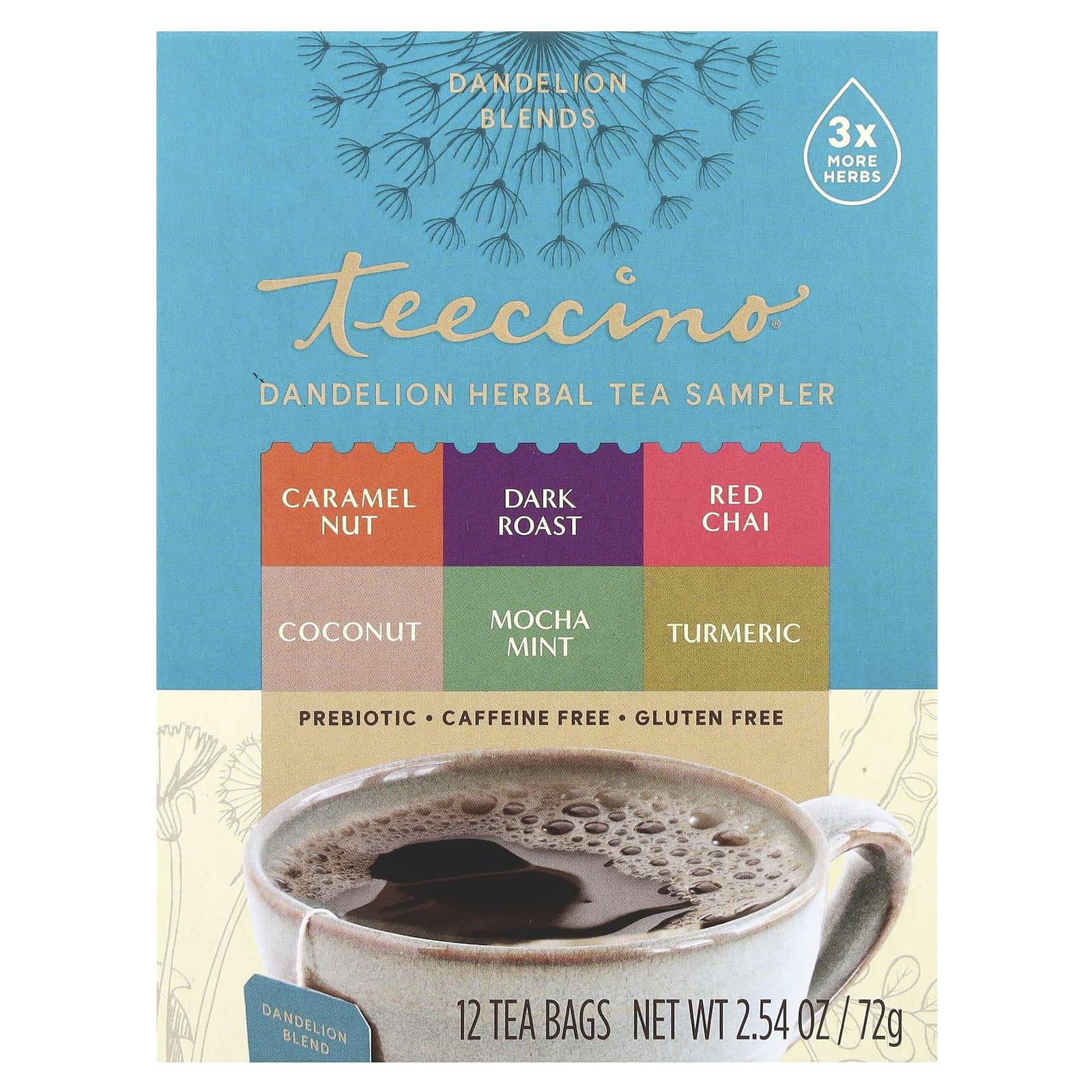 Травяной чай Teeccino Dandelion Sampler 6 Flavors 12 Tea Bags, без кофеина, 72 г, чайные пакетики