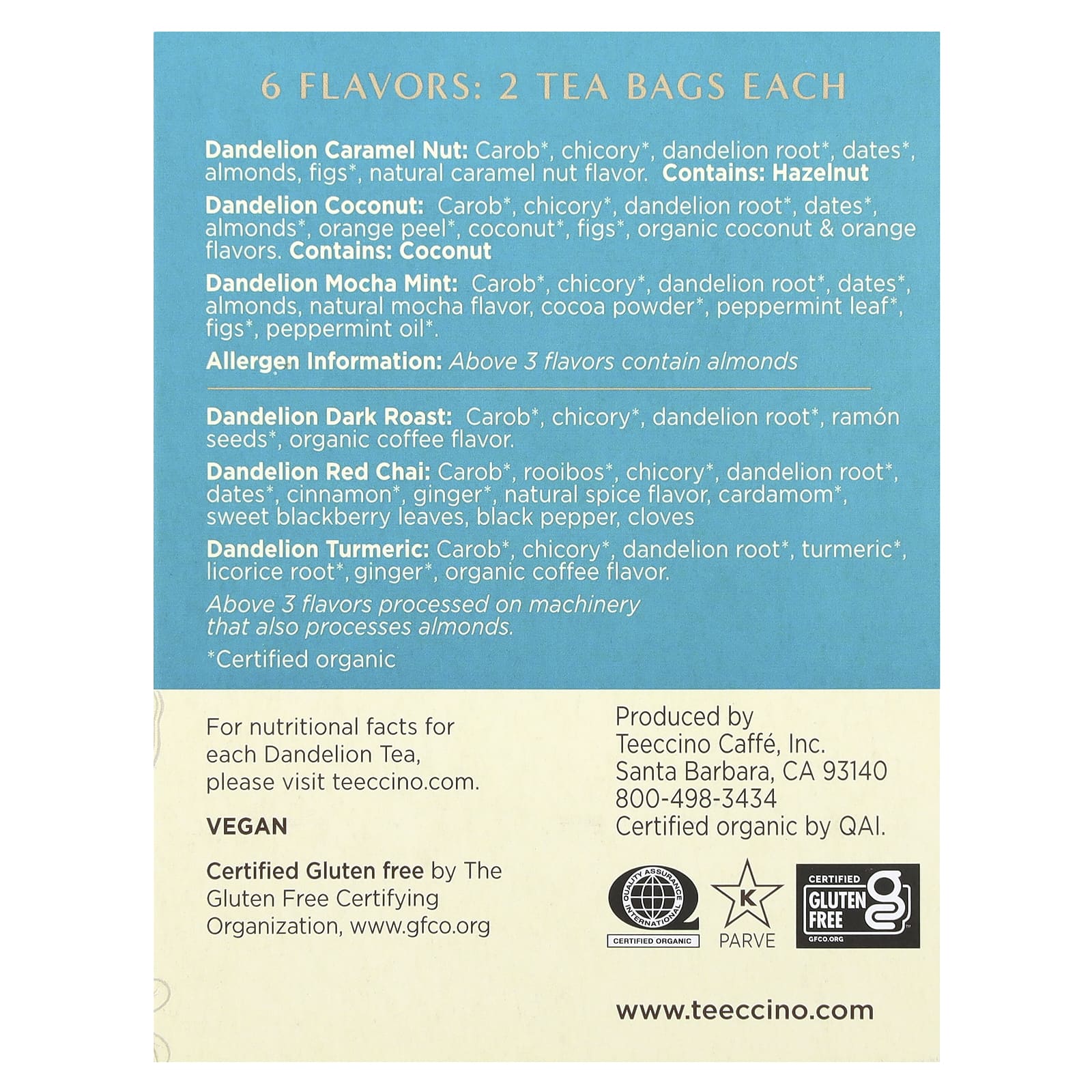 Травяной чай Teeccino Dandelion Sampler 6 Flavors 12 Tea Bags, без кофеина, 72 г, чайные пакетики — фото 2