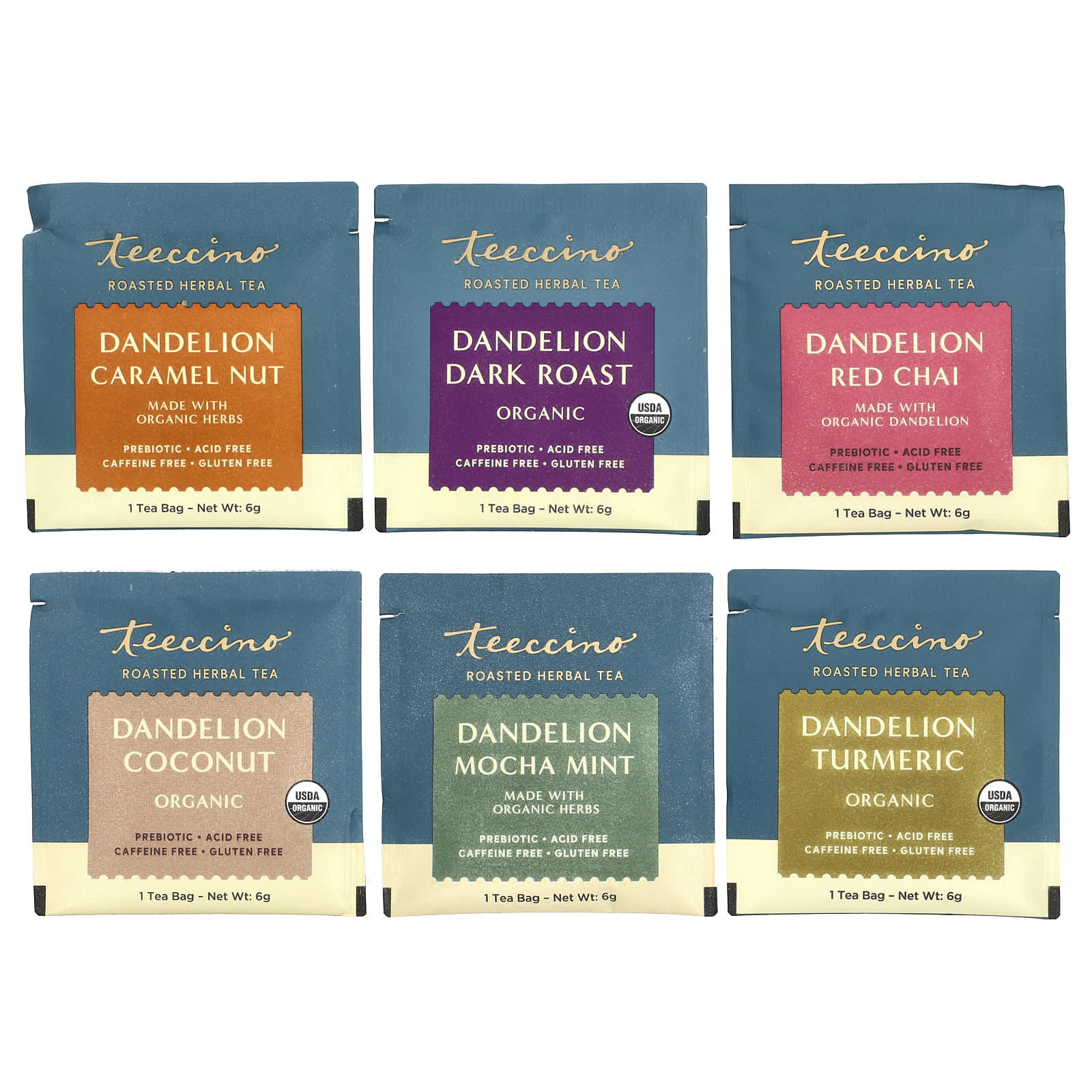 Травяной чай Teeccino Dandelion Sampler 6 Flavors 12 Tea Bags, без кофеина, 72 г, чайные пакетики — фото 3