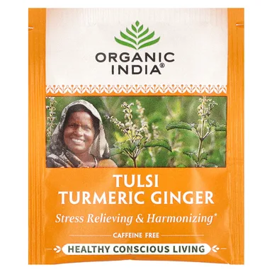 Фото товара: Куркума Organic India Tulsi Ginger Tea, без кофеина, 18 чайных пакетиков, 34.2 г